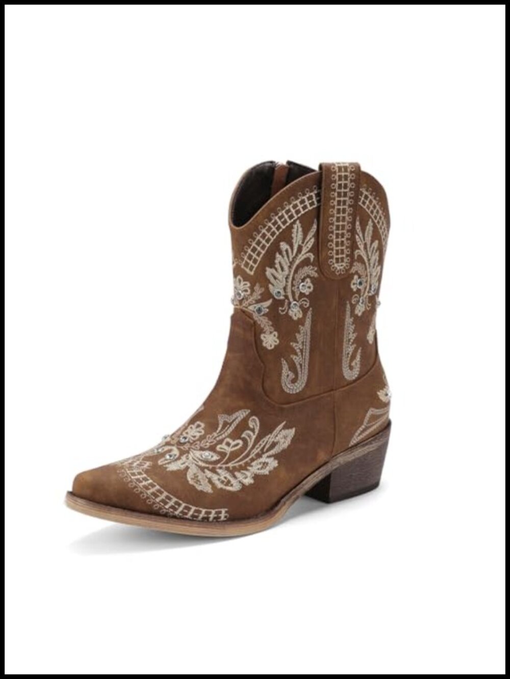 Rhinestone Embroidered Ankle Cowboy Boots Women Low Heel Chunky Western Booties